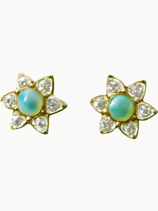 Pair of gold flower-shaped earrings with turquoise centers on a light gray background