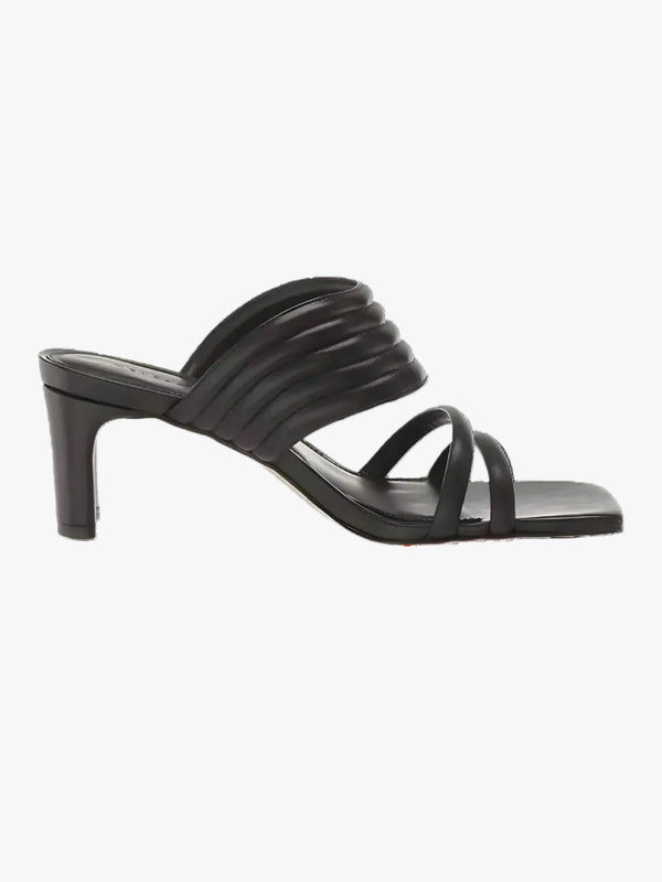 Black sandal with multiple straps on a white background