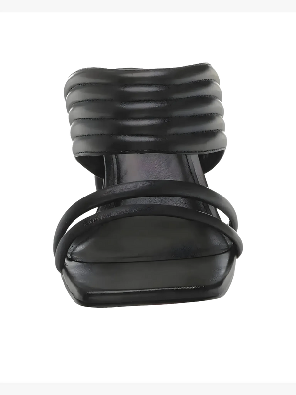 Black sandal with a unique strap design on a white background