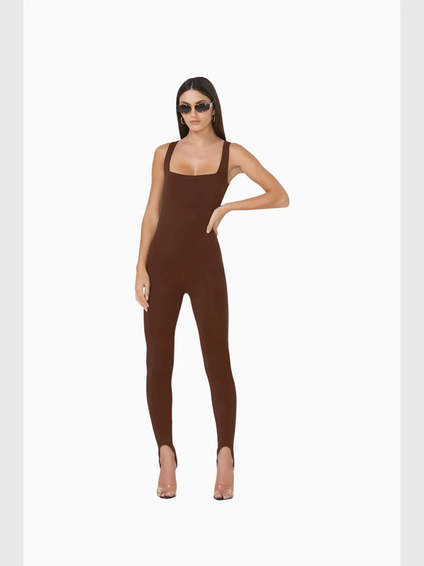 AFRM AFRM Avery Stirrup Jumpsuit in Brown - Bottoms | Queen Anna House of Fashion Women's Luxury Fashion