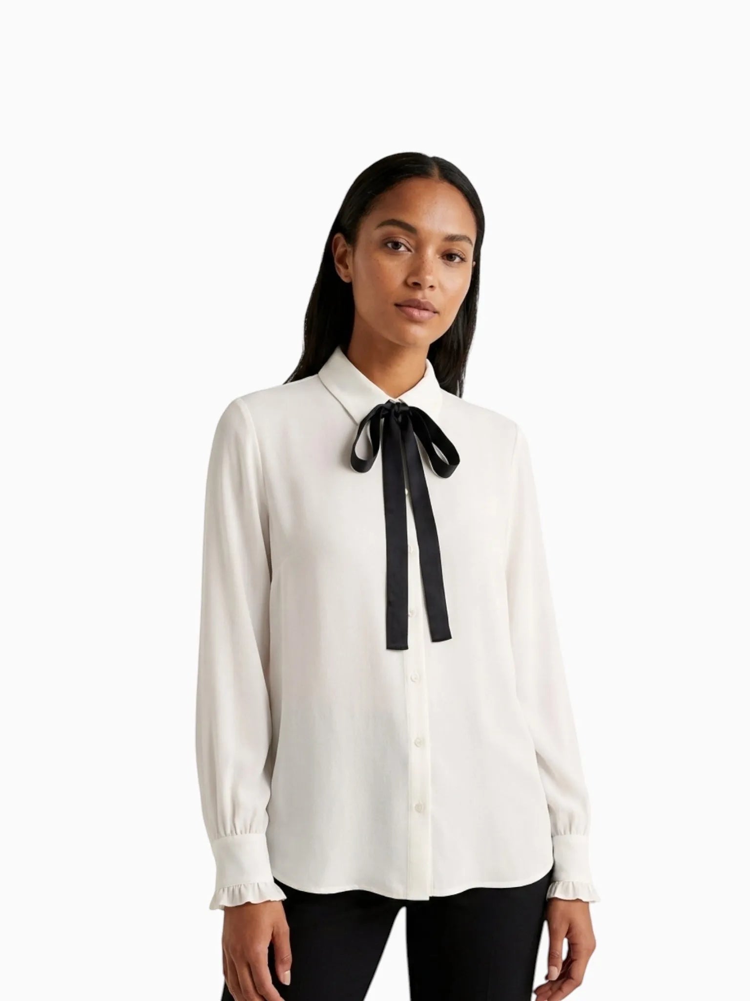 Aaron & Amber Aaron & Amber Quinn Classic Bow Tie Blouse in OFF WHITE / BLACK - Top | Queen Anna House of Fashion Women's Luxury Fashion