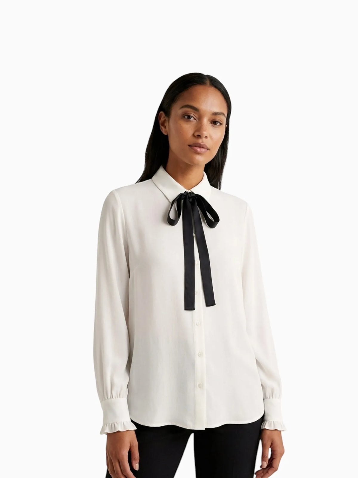 Aaron & Amber Aaron & Amber Quinn Classic Bow Tie Blouse in OFF WHITE / BLACK - Top | Queen Anna House of Fashion Women's Luxury Fashion