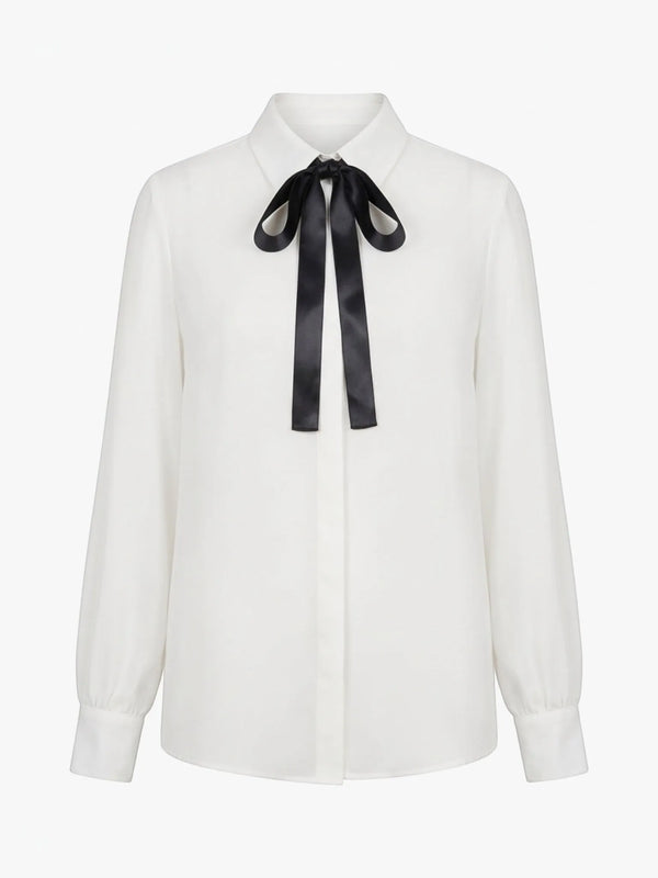 Aaron & Amber Aaron & Amber Quinn Classic Bow Tie Blouse in OFF WHITE / BLACK - Top | Queen Anna House of Fashion Women's Luxury Fashion