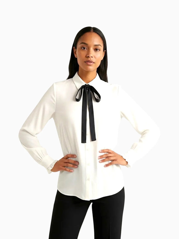 Aaron & Amber Aaron & Amber Quinn Classic Bow Tie Blouse in OFF WHITE / BLACK - Top | Queen Anna House of Fashion Women's Luxury Fashion