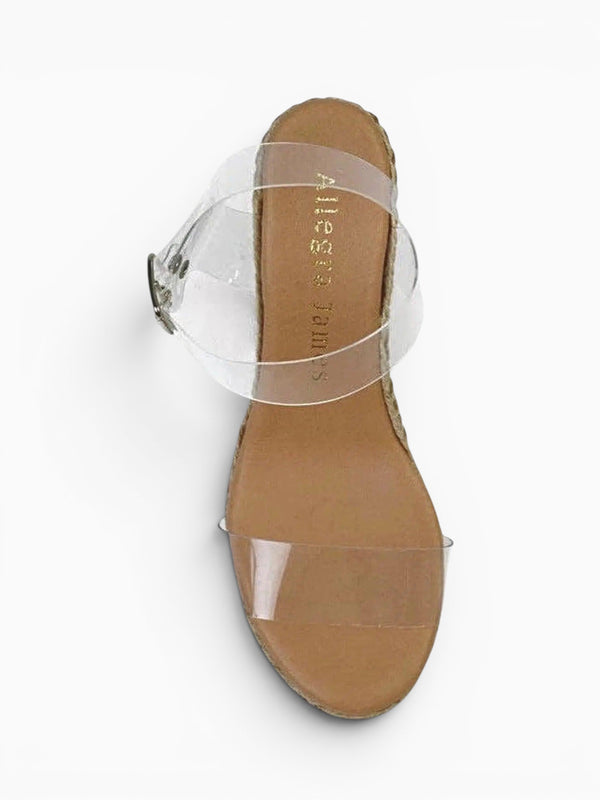 Queen Anna House of Fashion Maeve Illusion Espadrille Sandal in sand with clear straps and natural rope sole.