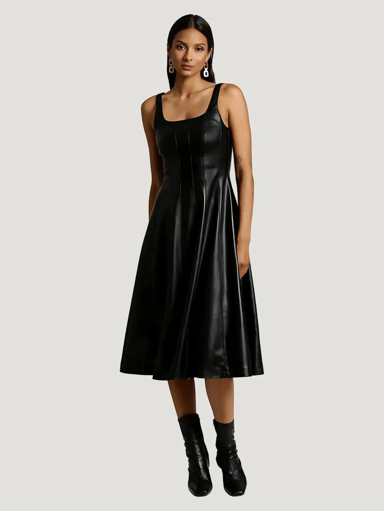 Avec Les Filles Faux-Ever Leather Fit-and-Flare Midi Dress