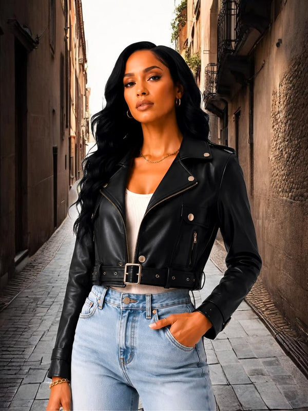 Queen Anna House of Fashion black vegan leather cropped moto jacket with belt and silver hardware