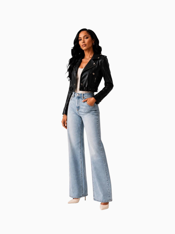 Queen Anna House of Fashion black vegan leather cropped moto jacket with silver hardware and a belted waist.