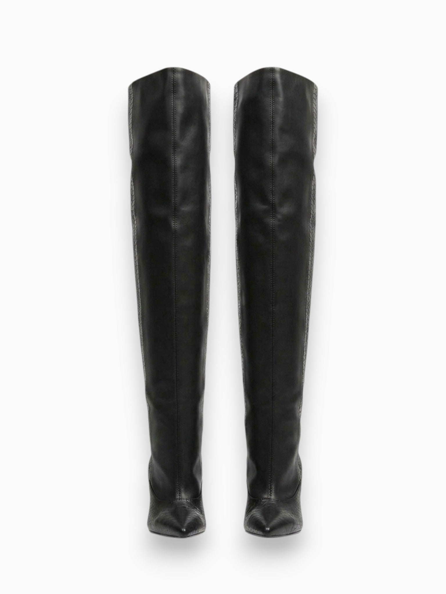 Queen Anna House of Fashion HALINA blacksnake embossed faux leather over-the-knee boots with stiletto heel and pointed toe.