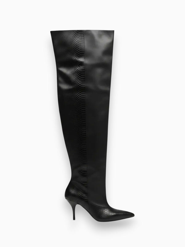 Queen Anna House of Fashion HALINA blacksnake embossed faux leather over-the-knee boot with pointed toe and stiletto heel.