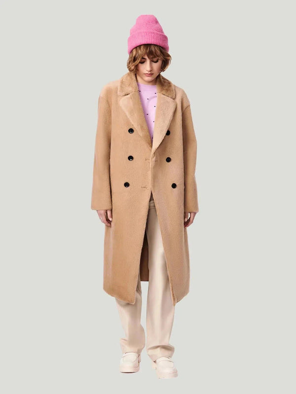 Bernie Long Shearling Peacoat - Backstock, Coats, Eco-Conscious Brand, F/W'22, Khaki, l, New Arrivals, Outerwear, s, Sale, Tan, Wome - Luxury Women's Fashion at Queen Anna House of Fashion