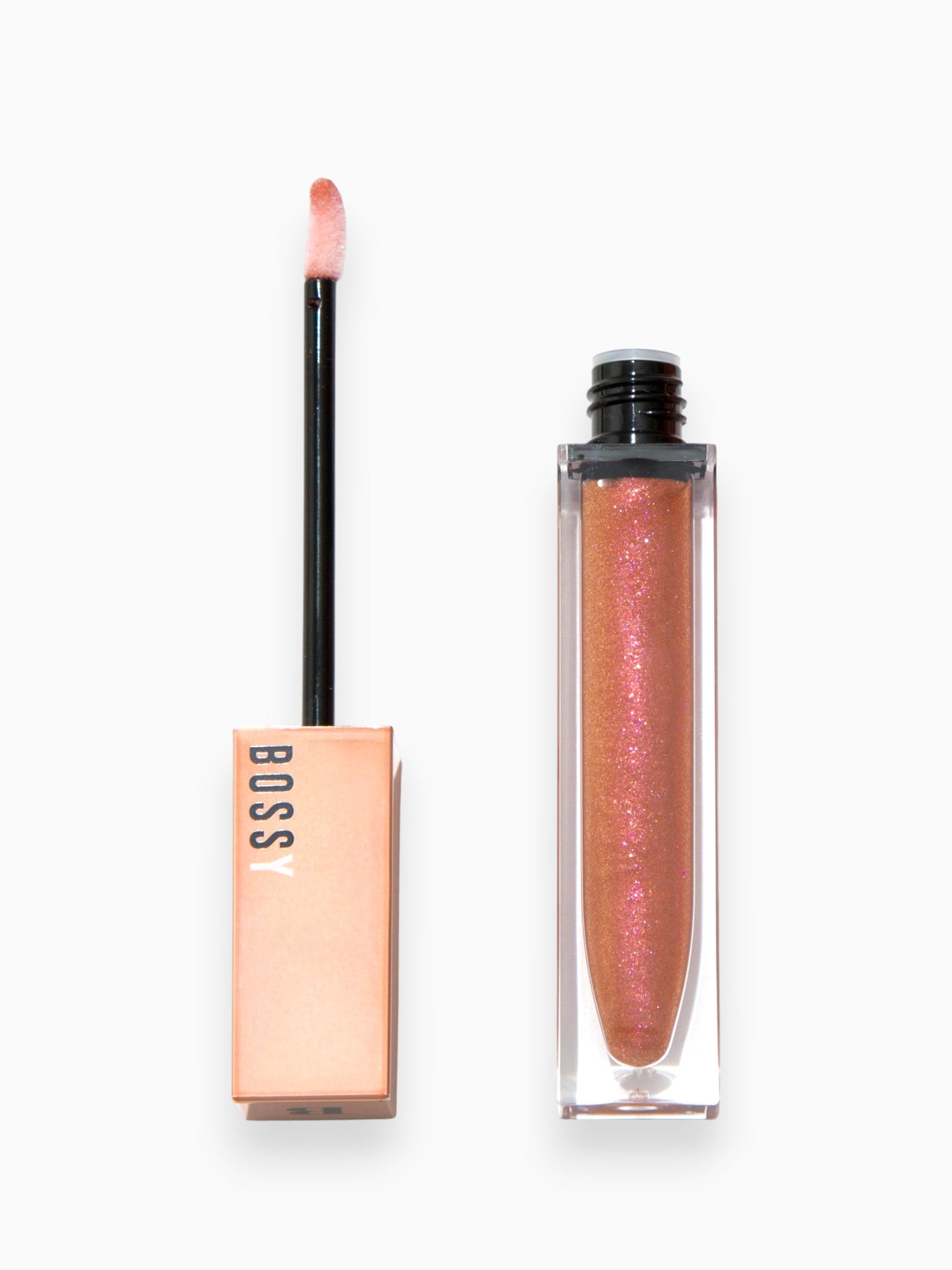 Lip gloss with applicator and packaging on a white background
