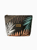 Cosmetic bag with tropical leaf pattern and 'BOSSY' branding on a beige background