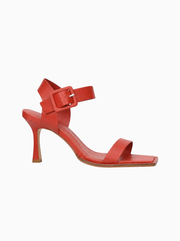 Queen Anna House of Fashion red leather heeled sandal with square toe and ankle strap with buckle.