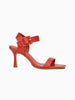 Queen Anna House of Fashion red leather heeled sandal with square toe and ankle strap with buckle.