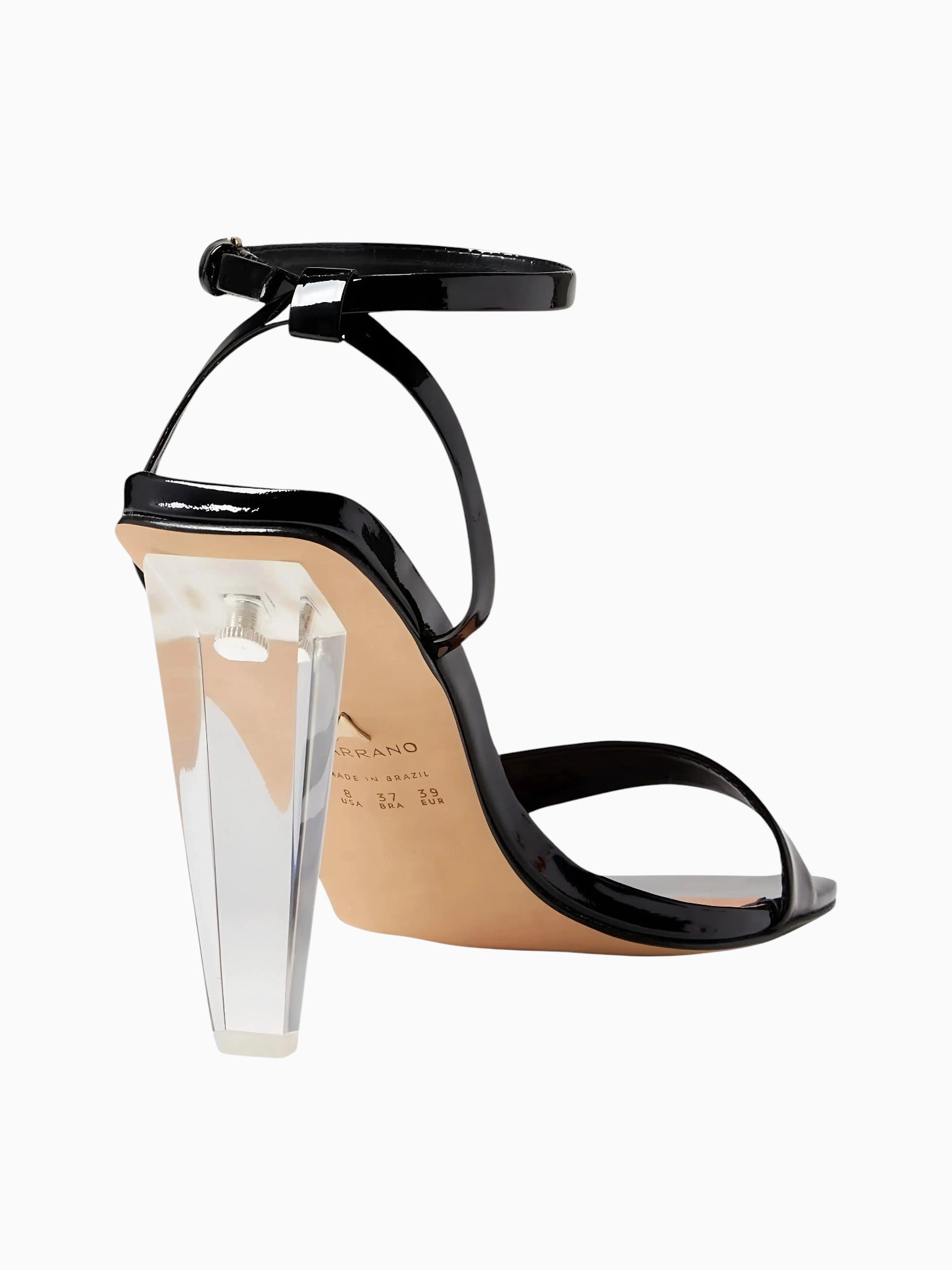 Queen Anna House of Fashion black leather sandals with a clear lucite block heel and ankle strap.