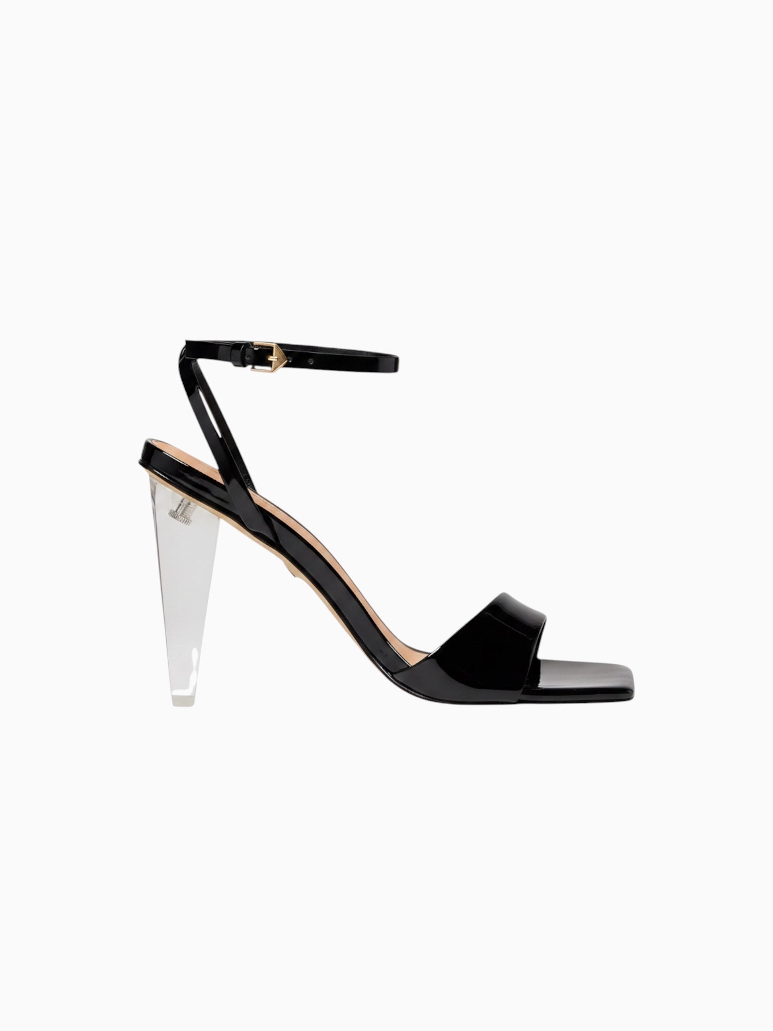 Queen Anna House of Fashion black patent leather heeled sandals with transparent lucite block heel and ankle strap.