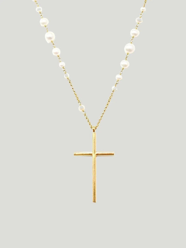 Chan Luu 18K Pearl Cross Necklace - AAPI Owned Brand, Accessories, BIPOC Brand, Gold, Jewelry, Necklaces, New Arrivals, Pearl, Philanthr - Luxury Women's Fashion at Queen Anna House of Fashion