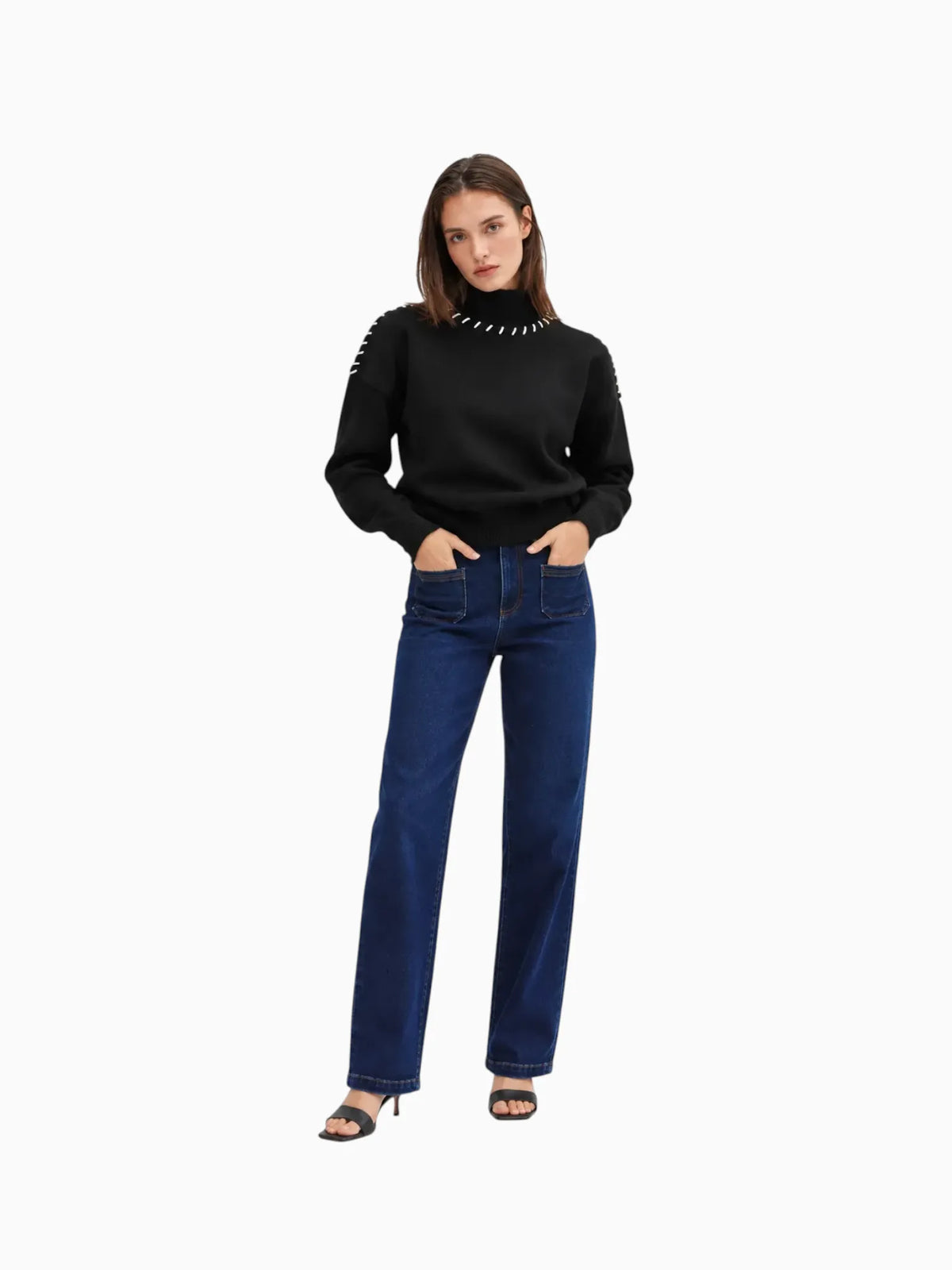 Crescent Crescent Rowan Contrast Stitch Sweater in S - Top | Queen Anna House of Fashion Women's Luxury Fashion