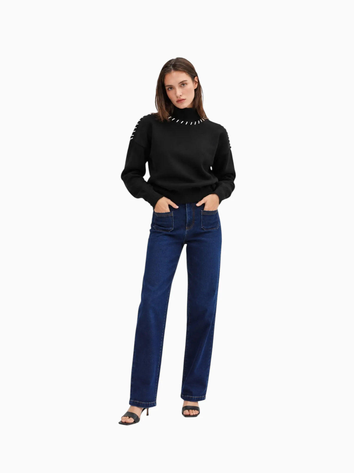 Crescent Crescent Rowan Contrast Stitch Sweater in S - Top | Queen Anna House of Fashion Women's Luxury Fashion