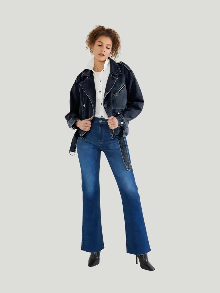 Anya Dark Wash Slimming Jeans by Queen Anna House of Fashion, designed with a sleek silhouette, crafted from soft comfort stretch denim and eco-conscious recycled cotton."