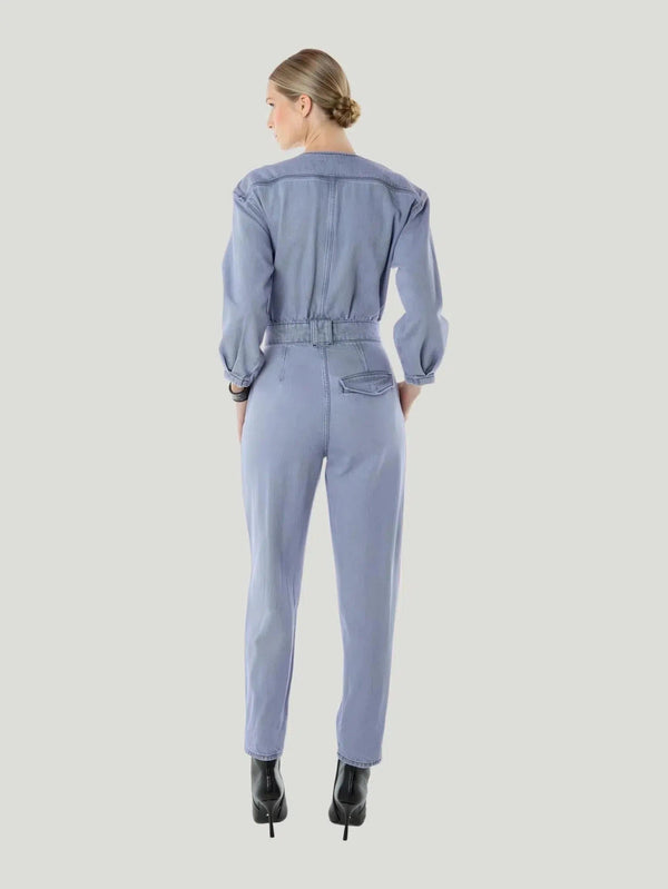 ÉTICA Denim Fatima Vintage Jumpsuit in a Lavender-Indigo Blend, crafted with sustainable ReFibra™ Tencel and recycled cotton, presented by Queen Anna House of Fashion.
