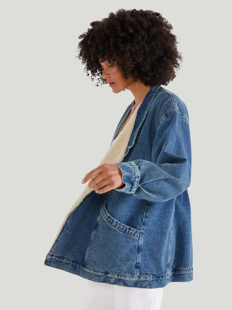 ÉTICA Denim Sherpa Lined Jacket - Coats, Cold Weather Essentials, Denim, Denim Jacket, Denim Jackets, Eco-Conscious Brand, Everyday We - Luxury Women's Fashion at Queen Anna House of Fashion