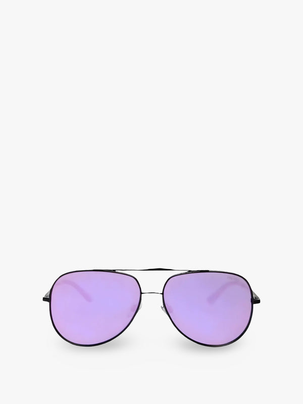 Aviator sunglasses with purple lenses on a white background