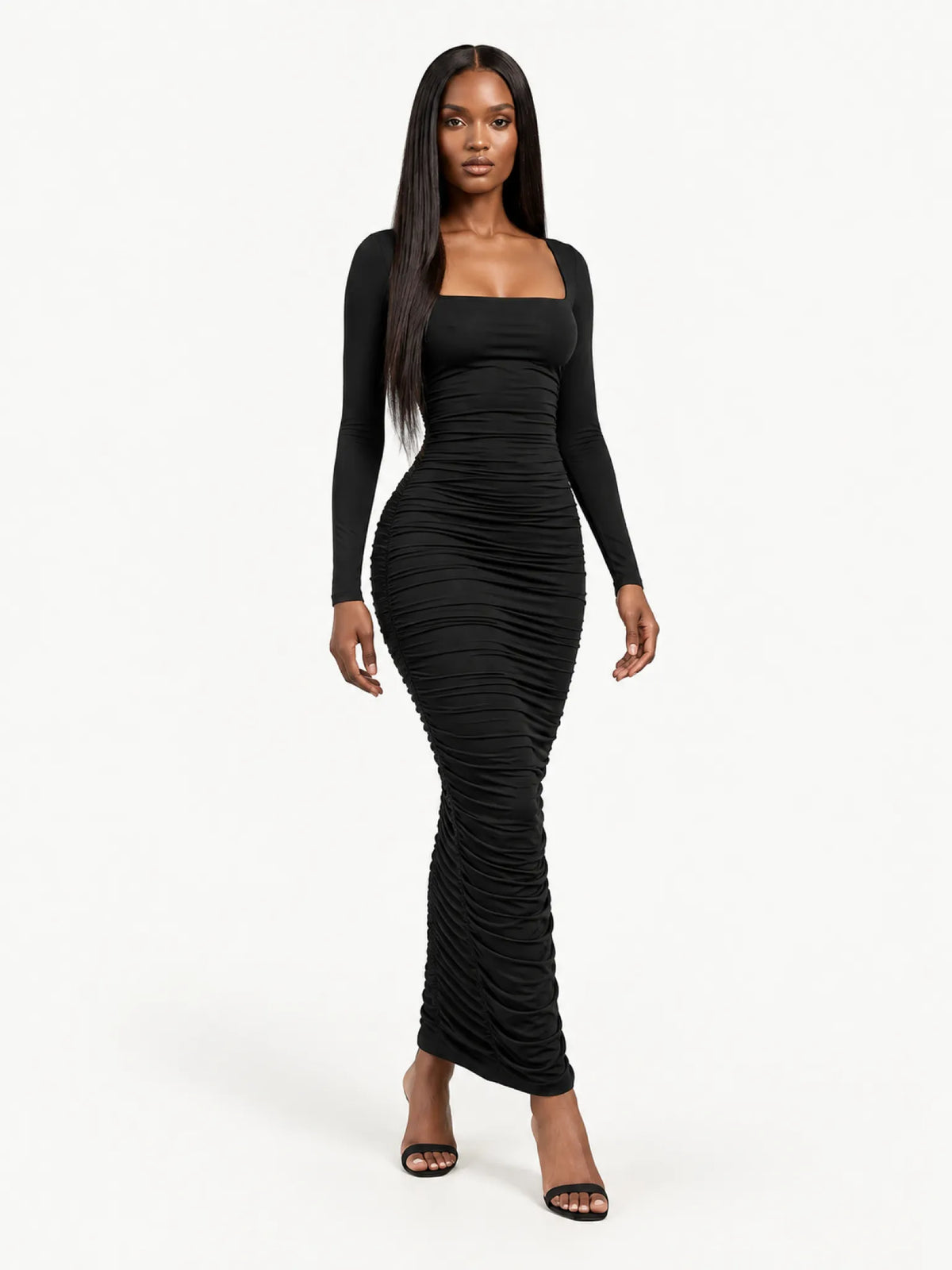 GOOD AMERICAN GOOD AMERICAN Ruched Squareneck Maxi Dress in Black - Dress | Queen Anna House of Fashion Women's Luxury Fashion