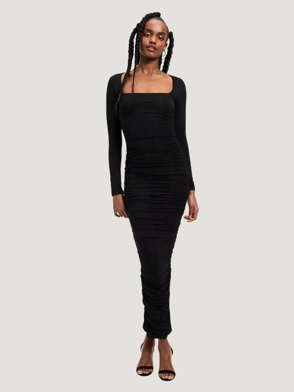 GOOD AMERICAN Ruched Squareneck Maxi Dress - BIPOC Brand, Black, Dress, Eco-Conscious Brand, l, m, Maxi, New Arrivals, Plus Size, s, S/S'23, Stre - Luxury Women's Fashion at Queen Anna House of Fashion