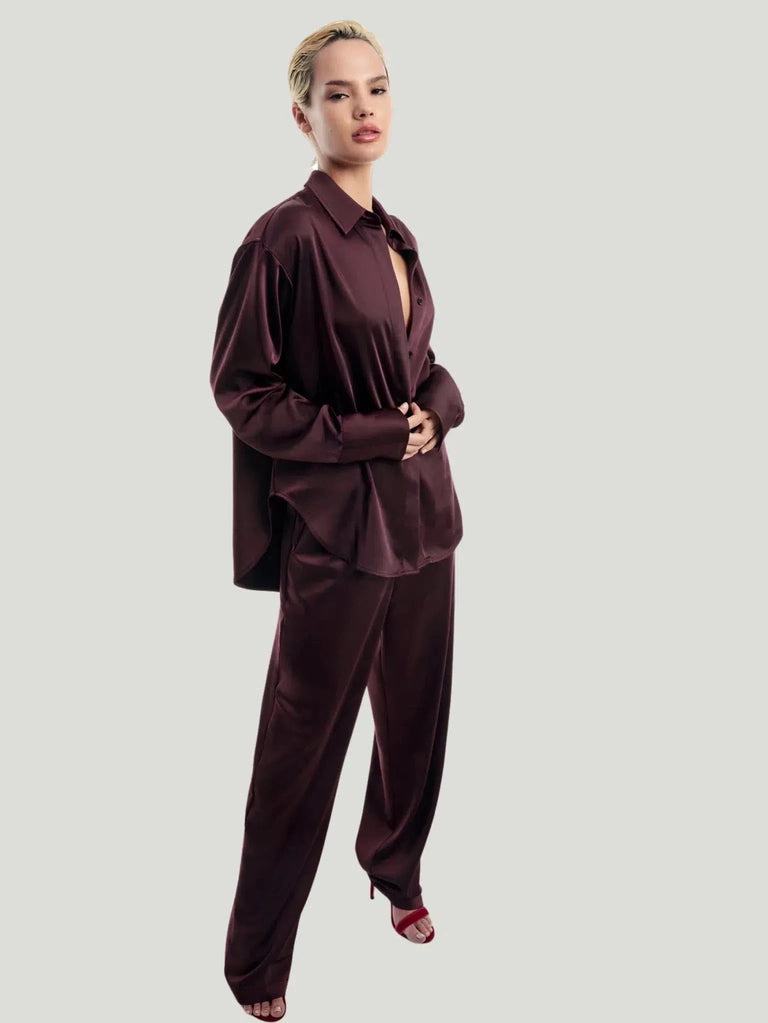 GOOD AMERICAN Collared Satin Shirt - A/W'23, BIPOC Brand, Blouse, Burgundy, Button-up, Eco-Conscious Brand, l, Long Sleeve, m, New Arriva - Luxury Women's Fashion at Queen Anna House of Fashion