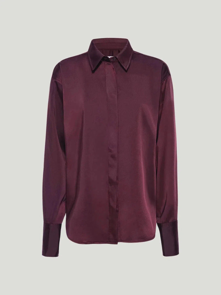 GOOD AMERICAN Collared Satin Shirt - A/W'23, BIPOC Brand, Blouse, Burgundy, Button-up, Eco-Conscious Brand, l, Long Sleeve, m, New Arriva - Luxury Women's Fashion at Queen Anna House of Fashion