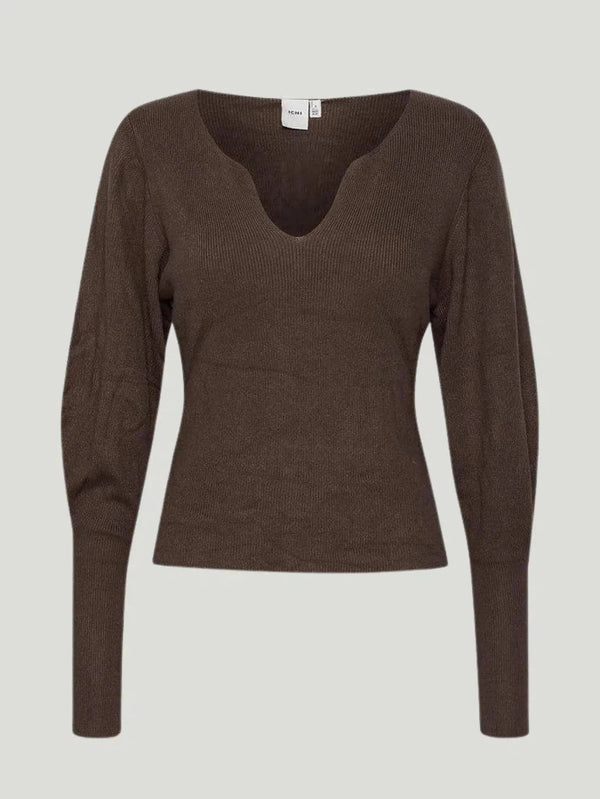 ICHI Ruvera Long Sleeve Top - AAPI Owned Brand, BIPOC Brand, Brown, Eco-Conscious Brand, F/W'22, Knit, Long Sleeve, New Arrivals,  - Luxury Women's Fashion at Queen Anna House of Fashion
