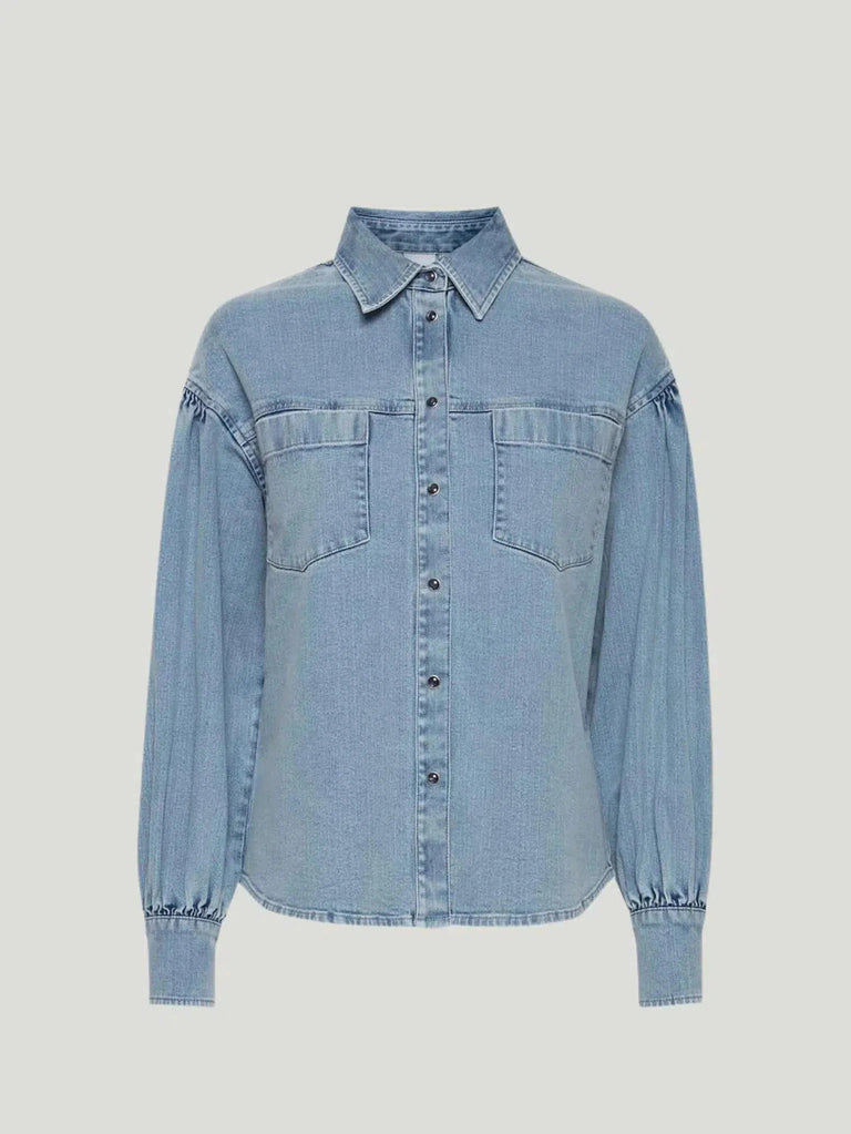 ICHI Wish Light Wash Denim Shirt - 10, 6, 8, AAPI Owned Brand, BIPOC Brand, Button-up, Denim, Eco-Conscious Brand, Everyday Wear, F/W'2 - Luxury Women's Fashion at Queen Anna House of Fashion