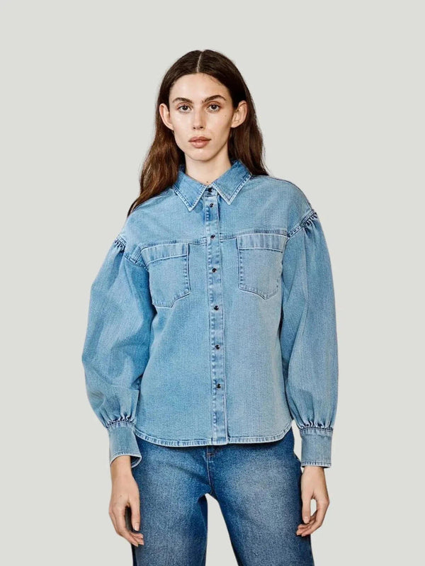 ICHI Wish Light Wash Denim Shirt - 10, 6, 8, AAPI Owned Brand, BIPOC Brand, Button-up, Denim, Eco-Conscious Brand, Everyday Wear, F/W'2 - Luxury Women's Fashion at Queen Anna House of Fashion