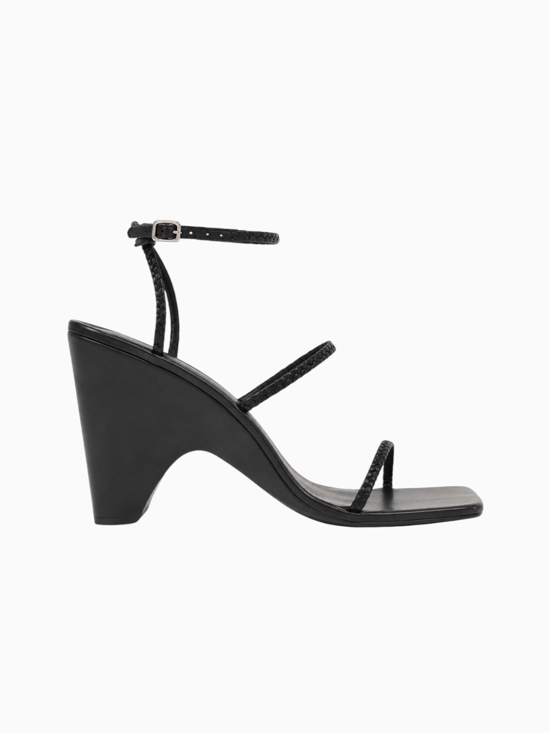 Jaggar black woven leather wedge sandals with slender braided straps and an ankle buckle.
