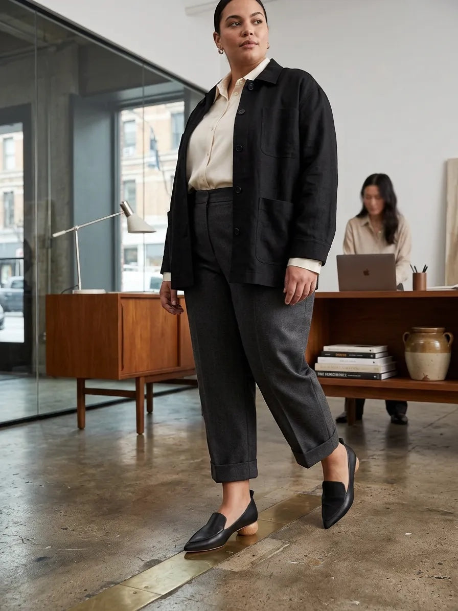 Journee Collection Maggs black leather pointed-toe flat loafers with a wooden heel, worn by a woman in an office setting.