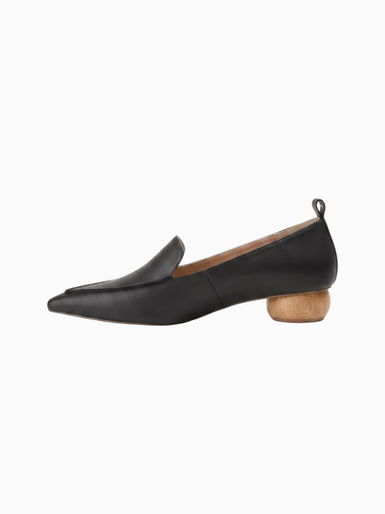 Queen Anna House of Fashion black leather pointed-toe loafer with a wooden block heel.