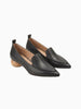 Queen Anna House of Fashion black leather pointed-toe loafers with a wooden block heel and pull tab.