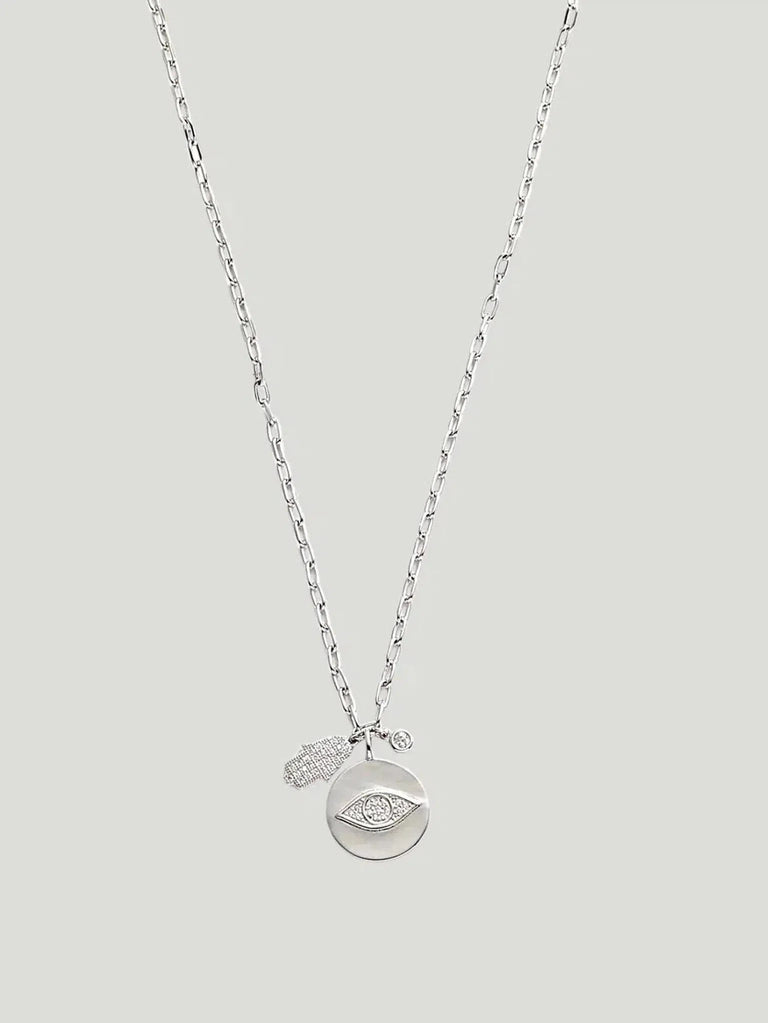 Kosa Jewels Evil Eye & Hamsa Charm Necklace - Accessories, Eco-Conscious Brand, Jewelry, Necklaces, Philanthropic Brand, S/S'22, White Gold, Women - Luxury Women's Fashion at Queen Anna House of Fashion