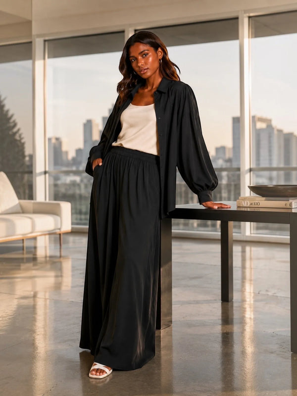 LUNYA LUNYA Organic Pima Wide Leg Pants in Black - Bottom | Queen Anna House of Fashion Women's Luxury Fashion