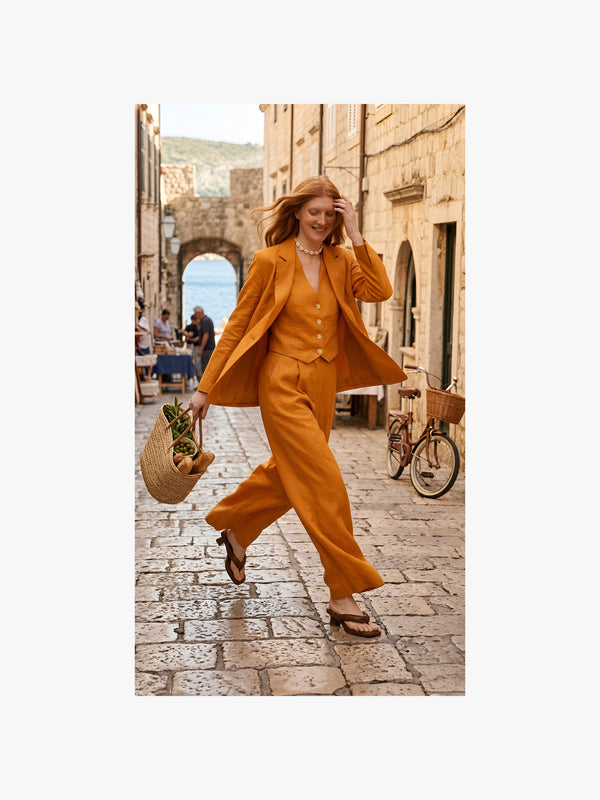 Woman in a mustard yellow suit walking down a stone street with a bicycle and archway in the background.
