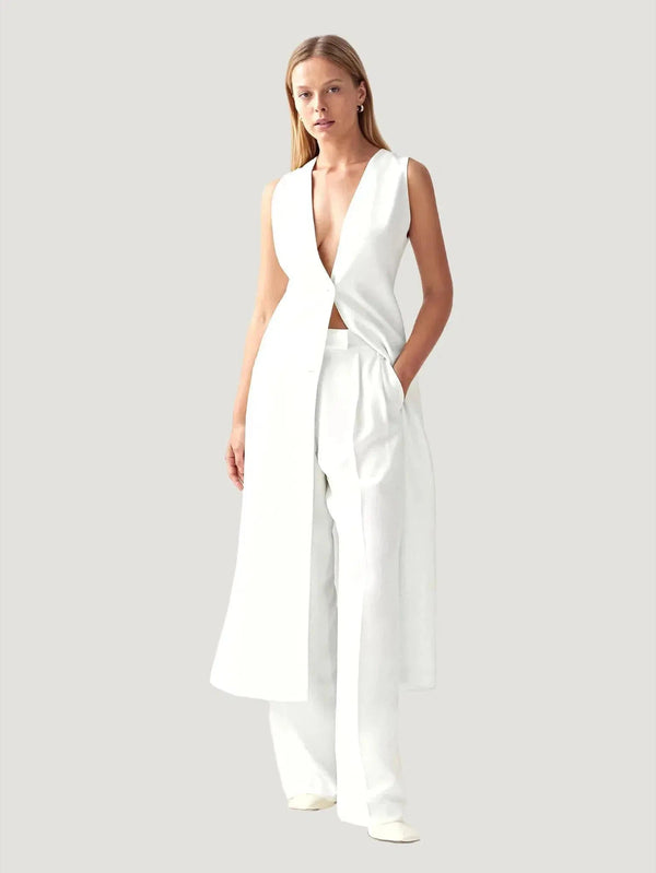 Le Cle Idée Sleeveless Longline Waistcoat - Eco-Conscious Brand, Jackets, l, m, New Arrivals, Outerwear, s, S/S'23, S/S'24 Backstock, Vests, Whi - Luxury Women's Fashion at Queen Anna House of Fashion