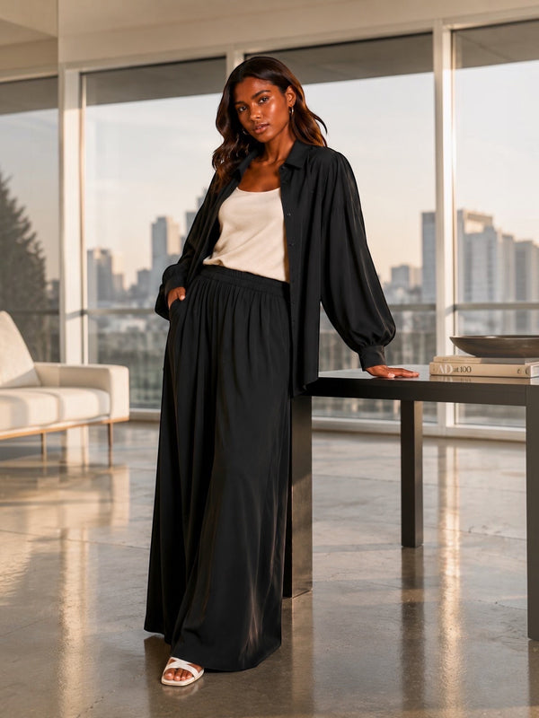 LUNYA LUNYA Organic Pima Wide Leg Pants in Black - Bottom | Queen Anna House of Fashion Women's Luxury Fashion