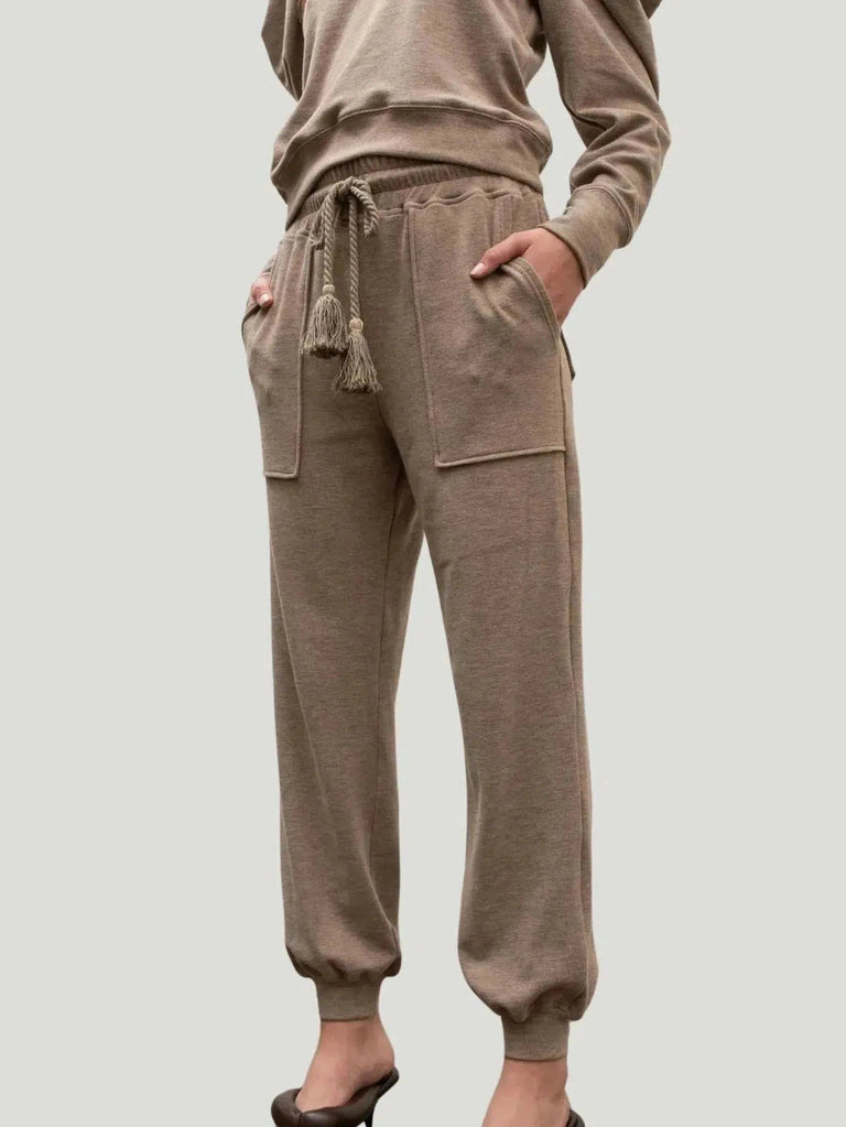 Moon River Tasseled Jogger - Bottoms, Brown, Everyday Wear, Joggers, Pants, Philanthropic Brand, s, Sale, Women Owned Brand - Luxury Women's Fashion at Queen Anna House of Fashion