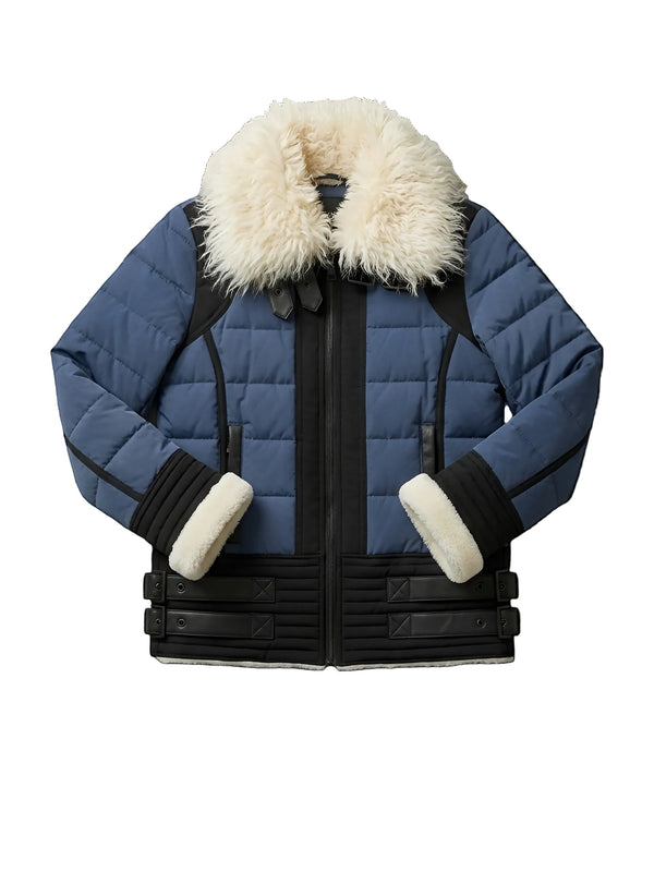 Blue winter jacket with fur-lined hood and cuffs on a white background