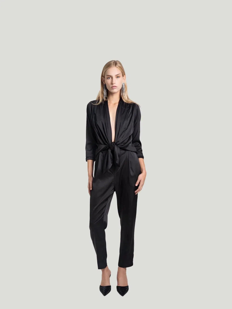 Overlover long sleeve satin jumpsuit with model