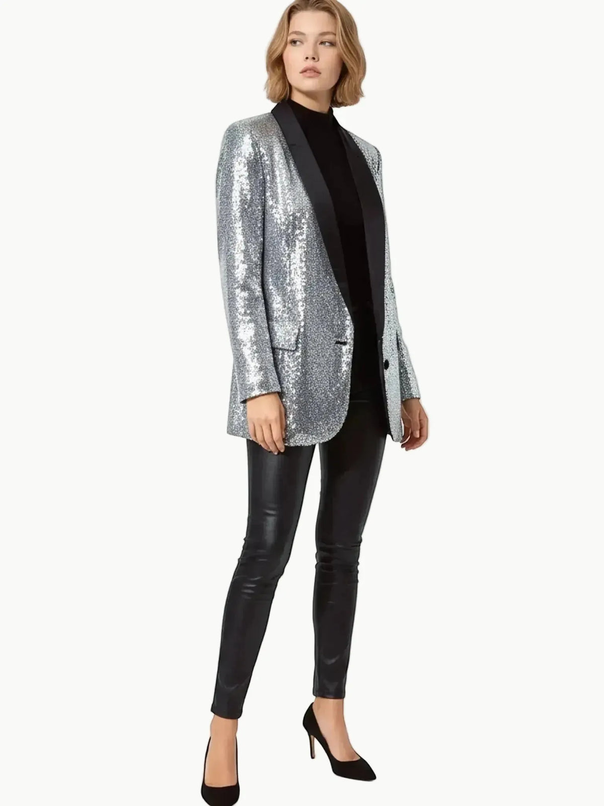 Q2 Q2 Silver Sequin Tuxedo Blazer in Silver - Outerwear | Queen Anna House of Fashion Women's Luxury Fashion