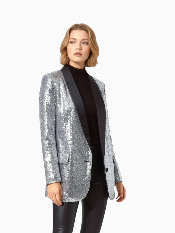 Q2 Q2 Silver Sequin Tuxedo Blazer in Silver - Outerwear | Queen Anna House of Fashion Women's Luxury Fashion