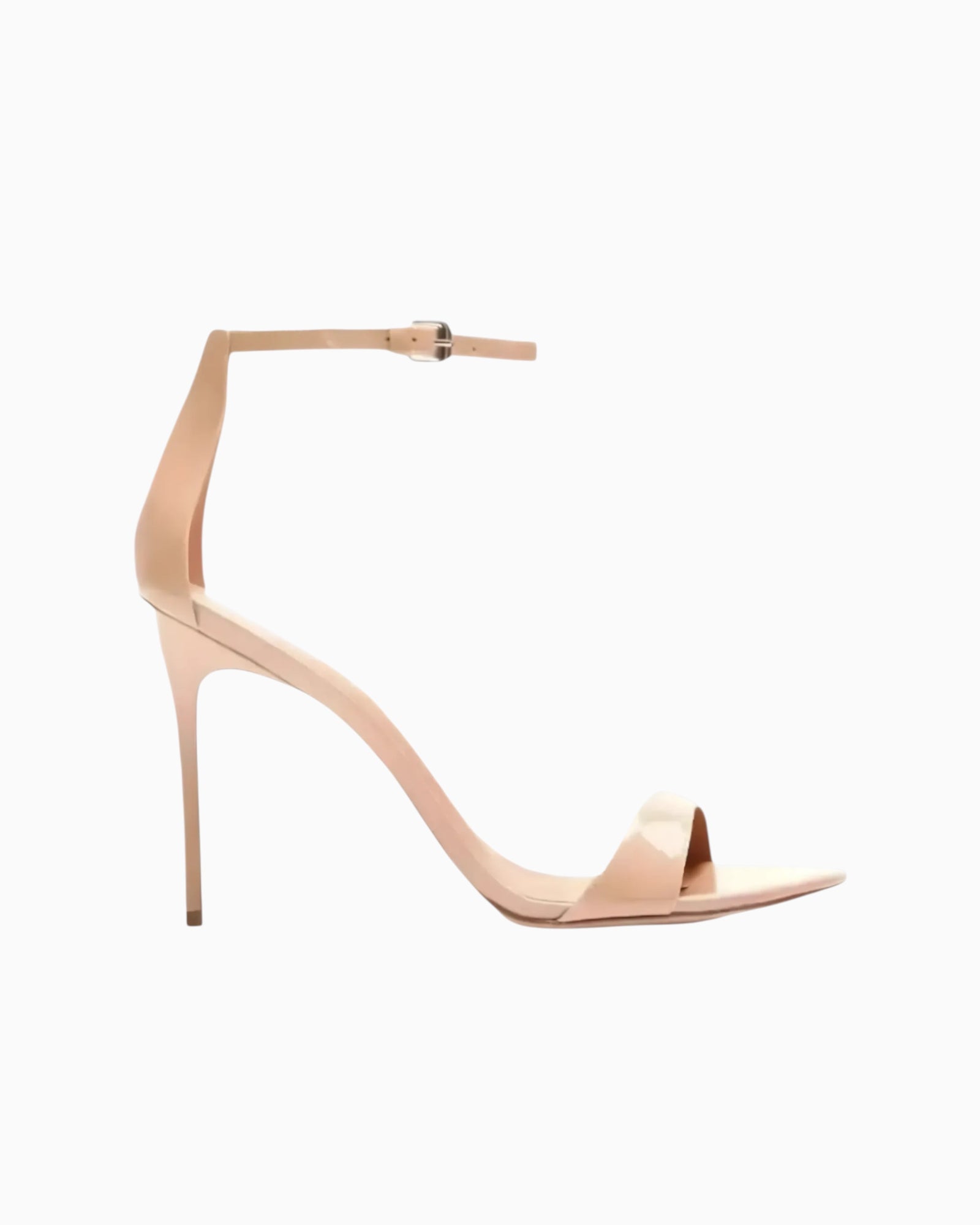 REBECCA ALLEN Nude Two Strap Sandals: Glossy patent leather stiletto heels with delicate toe and ankle straps.